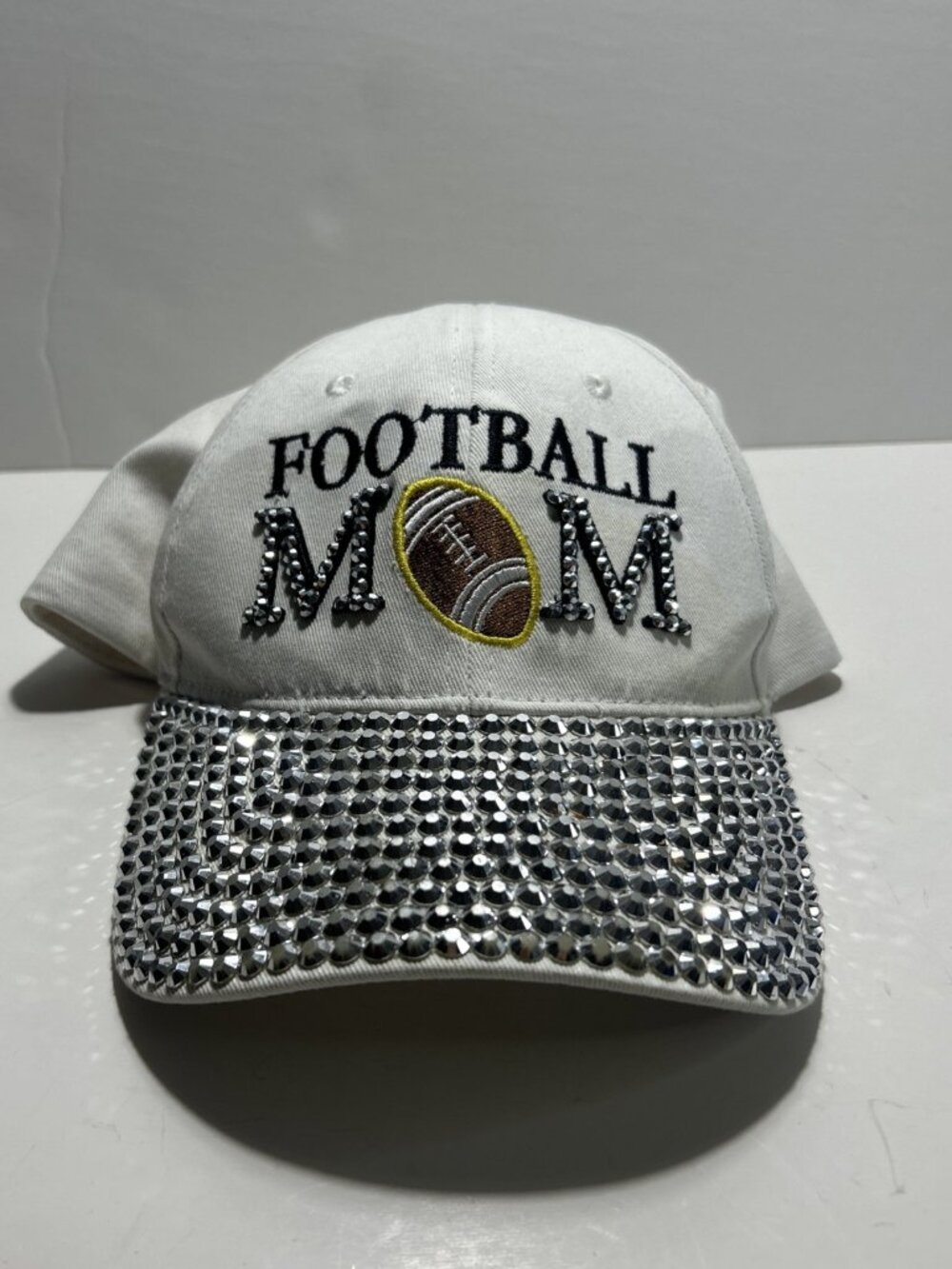 Crown Cap Football Mom White Adjustable Baseball Cap Rhinestone Embroidered